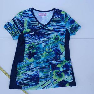 Koi Women's Size S Blue Green Flower V-Neck Shirt